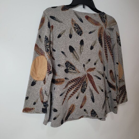 Coco Kelly - Feather Print Gray Long Top W/Tan Lace-Up Neck & Elbow Patches - Picture 5 of 11